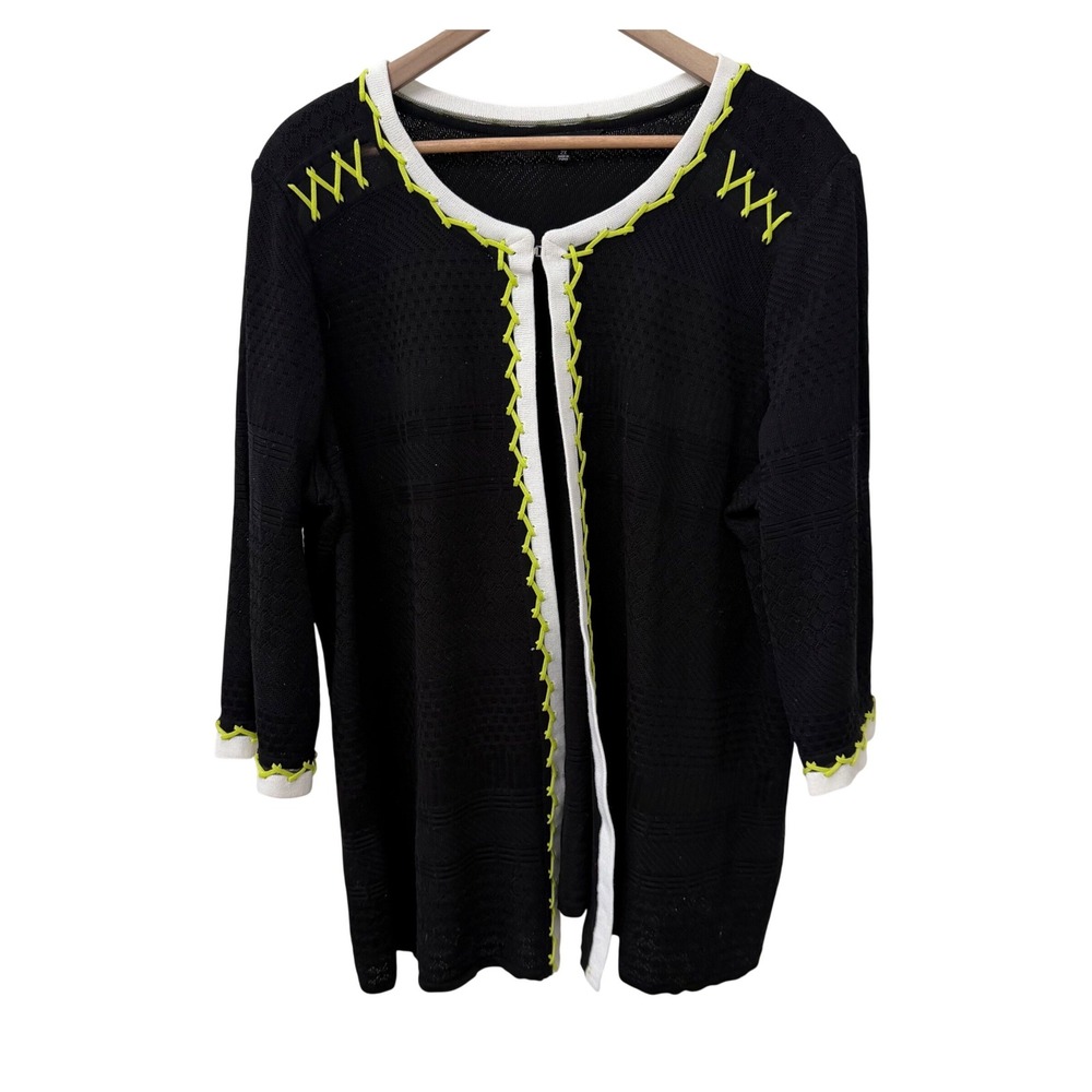 Misook Cardigan 2X Black White Neon Yellow Whipstitch Open Front Knit Jacket